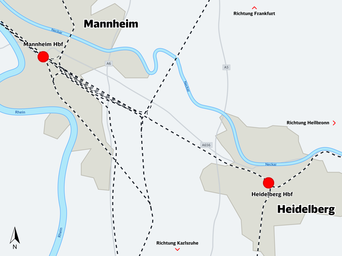 Karte Schienennetz Mannheim-Heidelberg